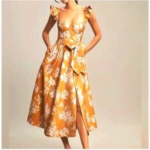 V. Chapman Women's The Vera Ruffle-Strap Corset Side-Slit Midi Dress Gold 12 NWT